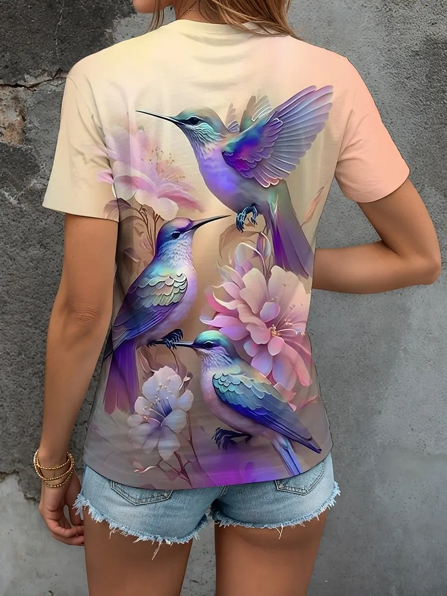Whimsical Hummingbird Print Casual T Shirt Crew Neck Short Sleeve Tee For Women Summer Holiday And Daily Wear