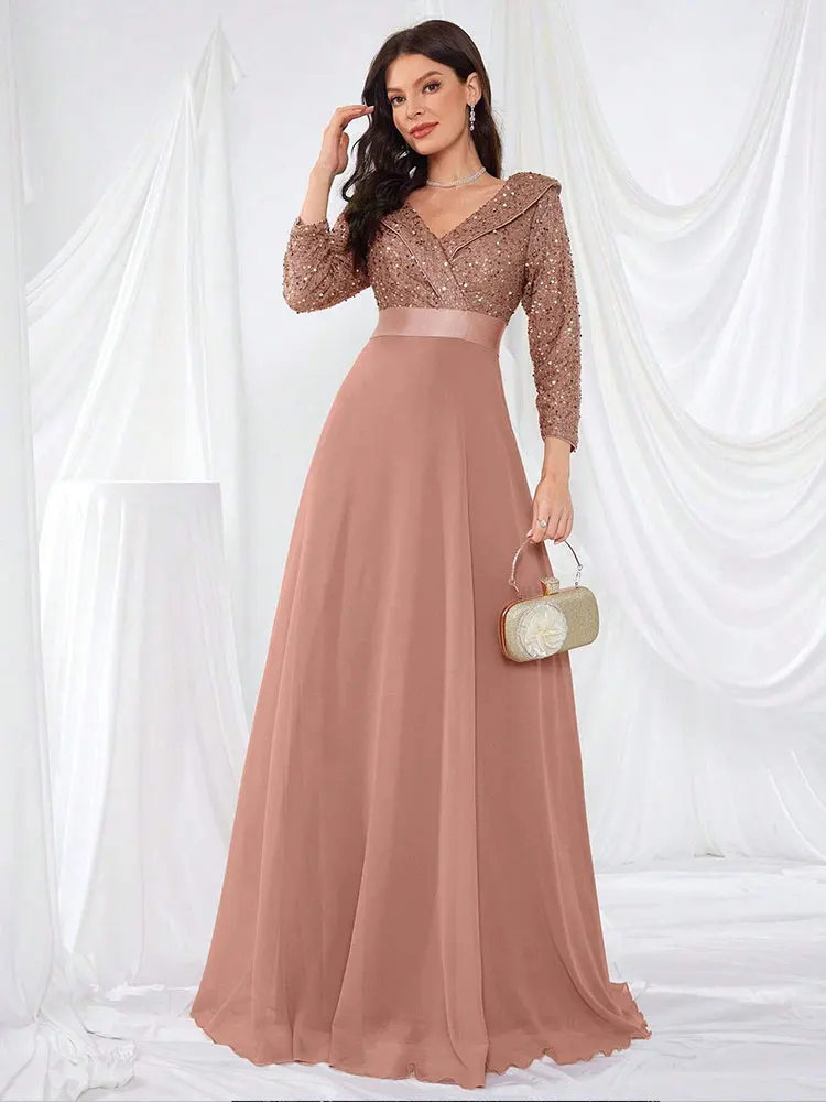 Long-sleeved V-neck sequined shiny chiffon floor-length evening dress autumn shiny bridesmaid banquet evening dress Prom Gown