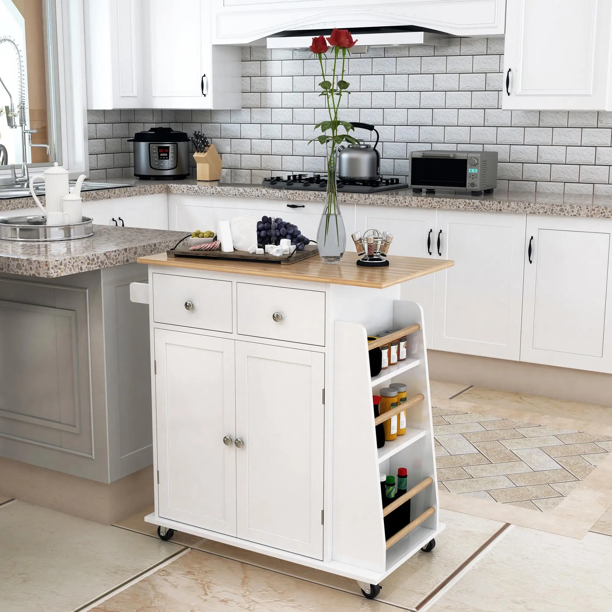 Carrito de Cocina de MDF y Madera de Caucho con 2 Cajones, 2 Puertas, Estante para Especias de 3 Niveles, 89x45x89.5 cm, Blanco