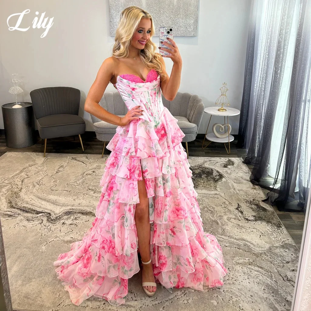 

Розовое вечернее платье без бретелек с лилией, милое шифоновое платье для выпускного вечера с принтом и кружевным передним разрезом, вечернее платье для женщин по индивидуальному заказу