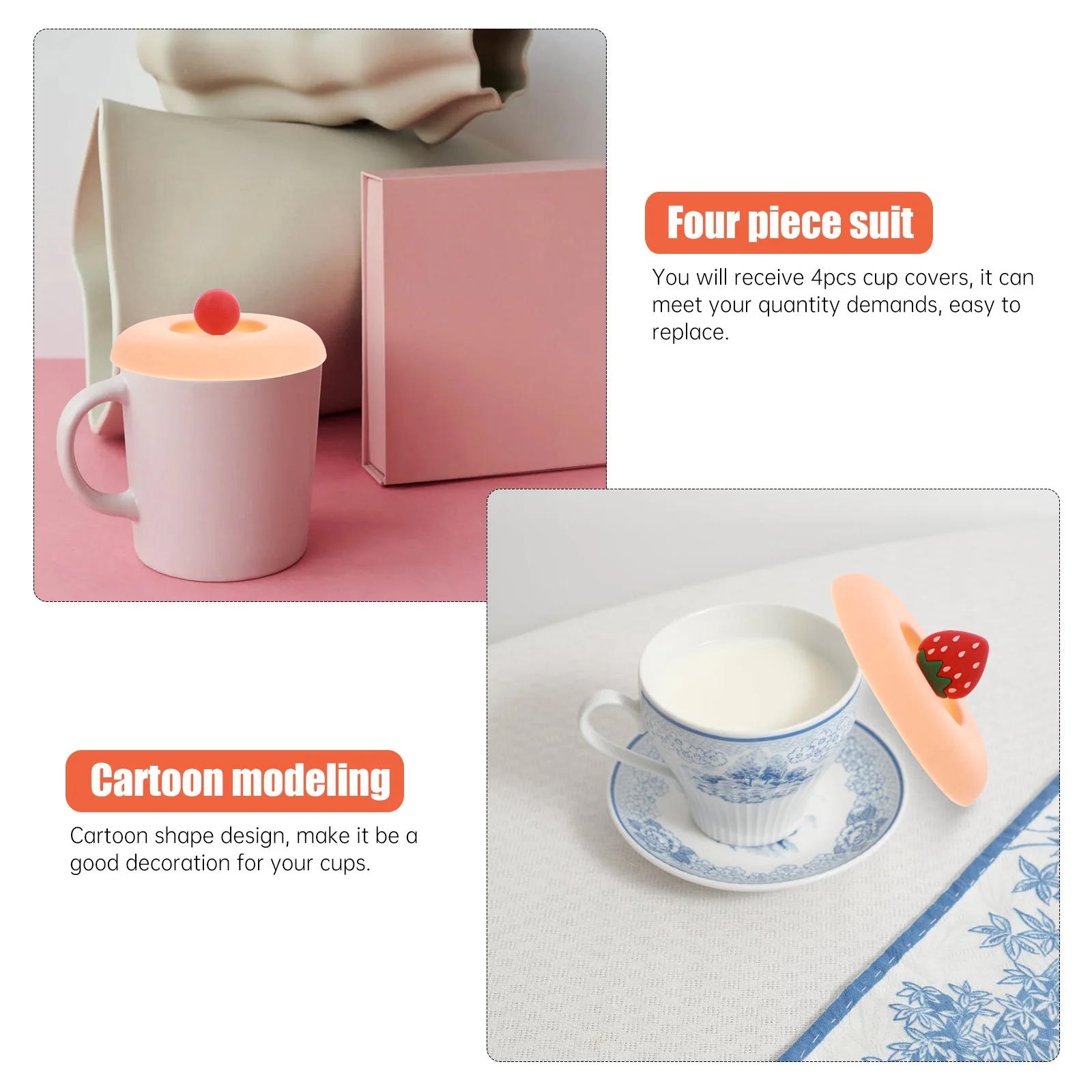 

4pcs Silicone Cup Lids Cartoon Sealing Covers Airtight Heat Resistant 220℃ Smooth Easy Clean Assorted Color Kitchen Barware
