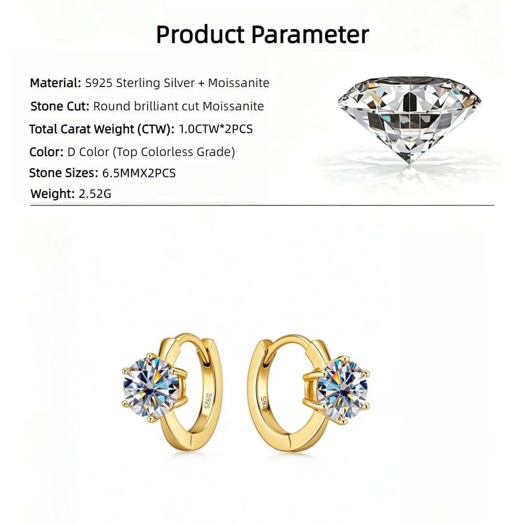 YZ D Color Moissanite Huggie Hoop Earrings 1CT Solitaire Earrings S925 Sterling Silver Fine Jewelry Gift For Women Wedding Party