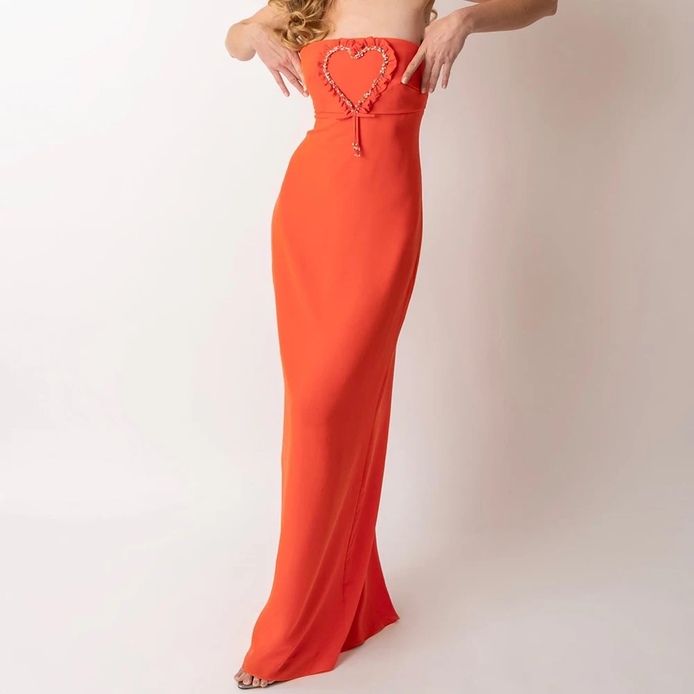 Exquisite Heart-Shaped Crystal Strapless Evening Dress Back Slit Pleats Orange Jersey Elegant Straight Floor Length Sleeveless