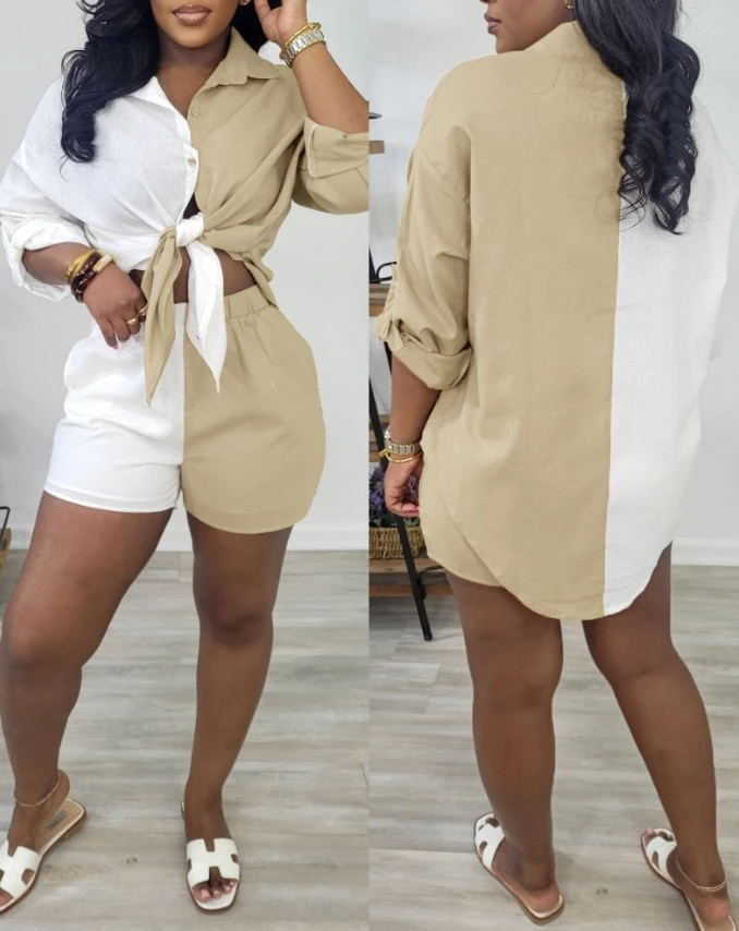 Two Piece Set Women Matching Sets Colorblock Buttoned Asymmetrical Hem Turn Down Collar Shirt & Elastic Waist Shorts Pockets Set