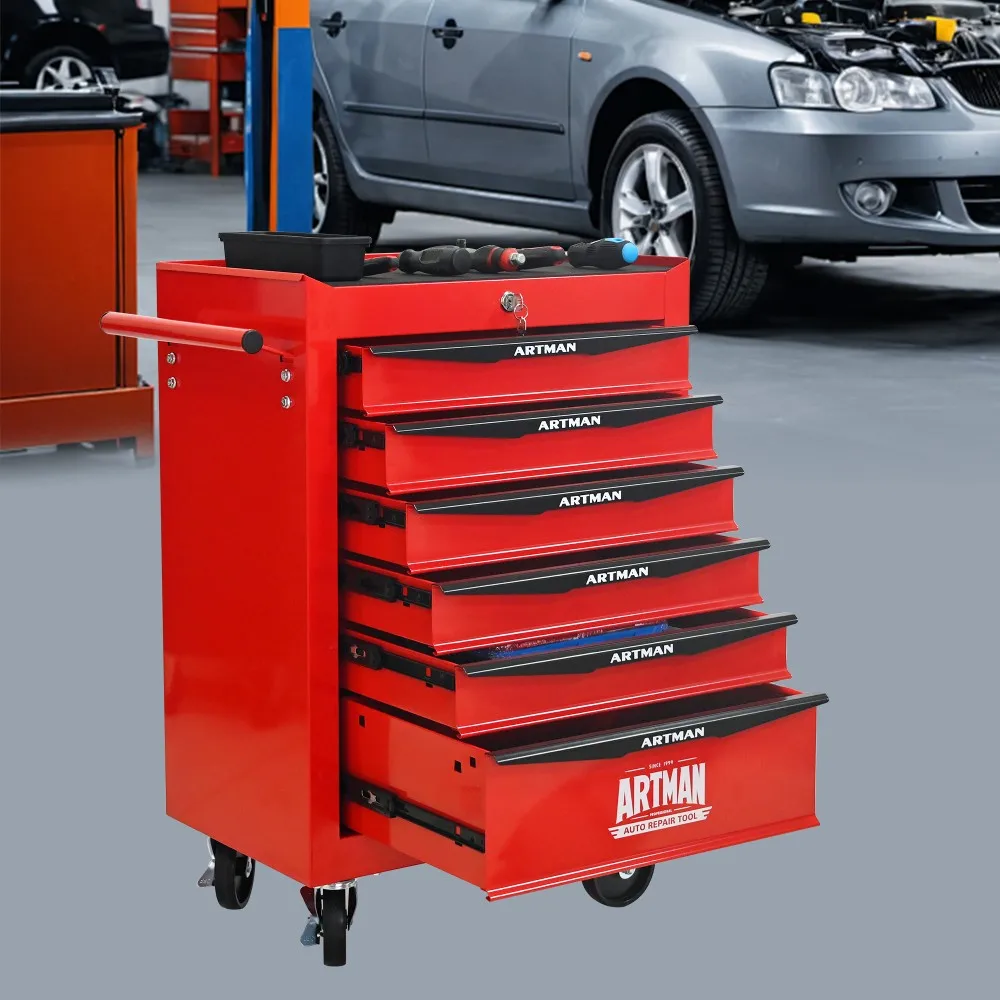 صندوق أدوات 20 بوصة، صندوق أدوات دوار مع 6 أدراج محمل كروي ناعم، خزانة تخزين فولاذية شديدة التحمل باللون الأحمر
