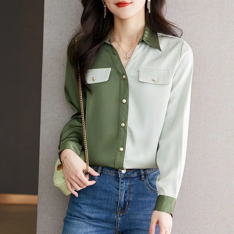 Office Lady Korean Clothing Fashion Long Sleeve Chiffon Shirt Spring Summer Women Casual Versatile Contrast Color Chic Blouse