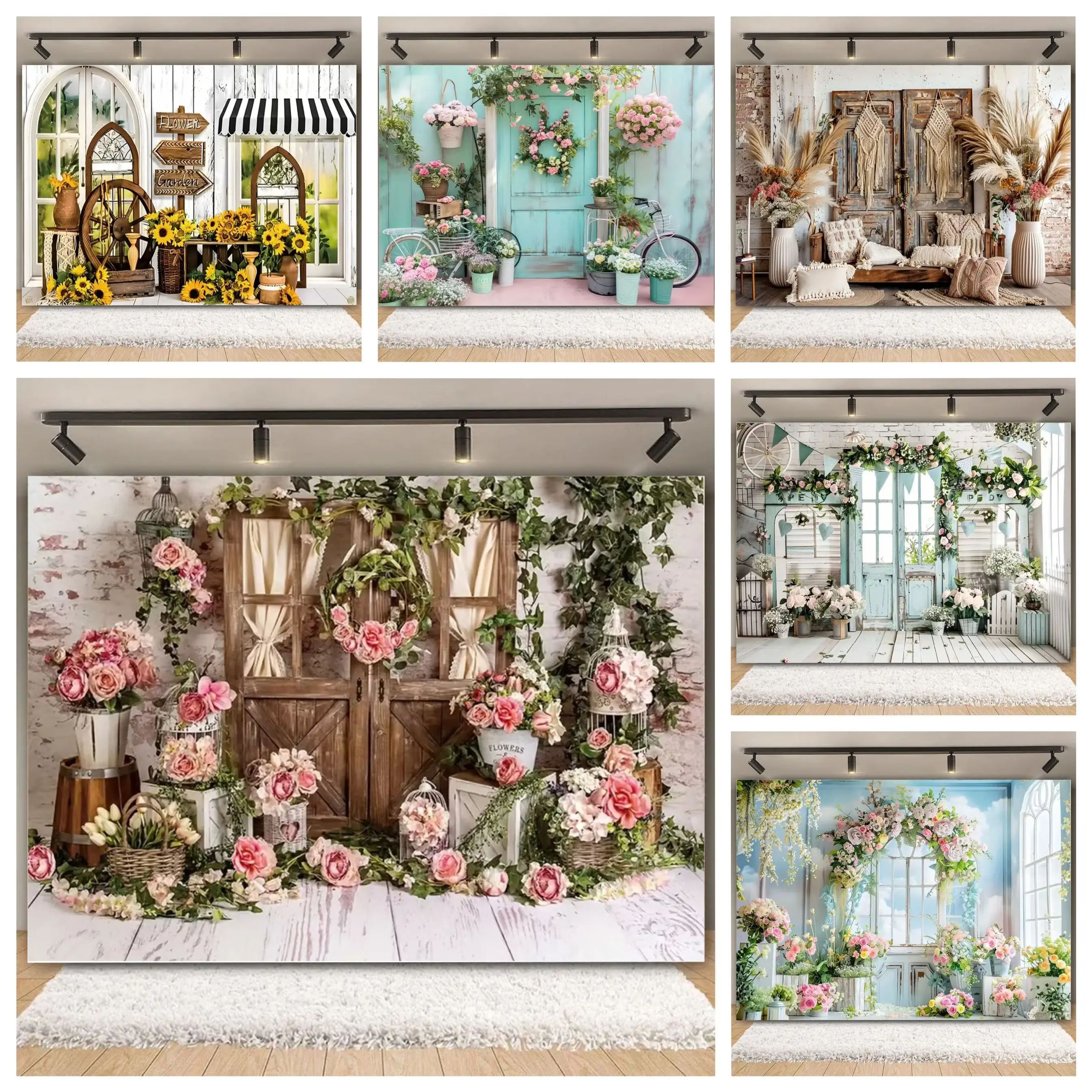 

Kids Newborn Baby 1st Birthday Backdrop Flower Wall Background Photography Rose Garden wooden door Floor Children Portrait Photo