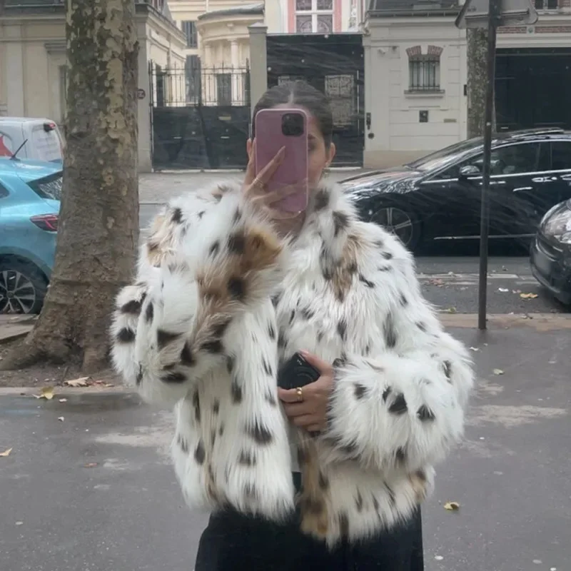 Leopard Print Faux Fur Texture Jacket Women Light Colored Loose Plush Outerwear 2024 Winter New Casual Warm Artificial Fur Coats