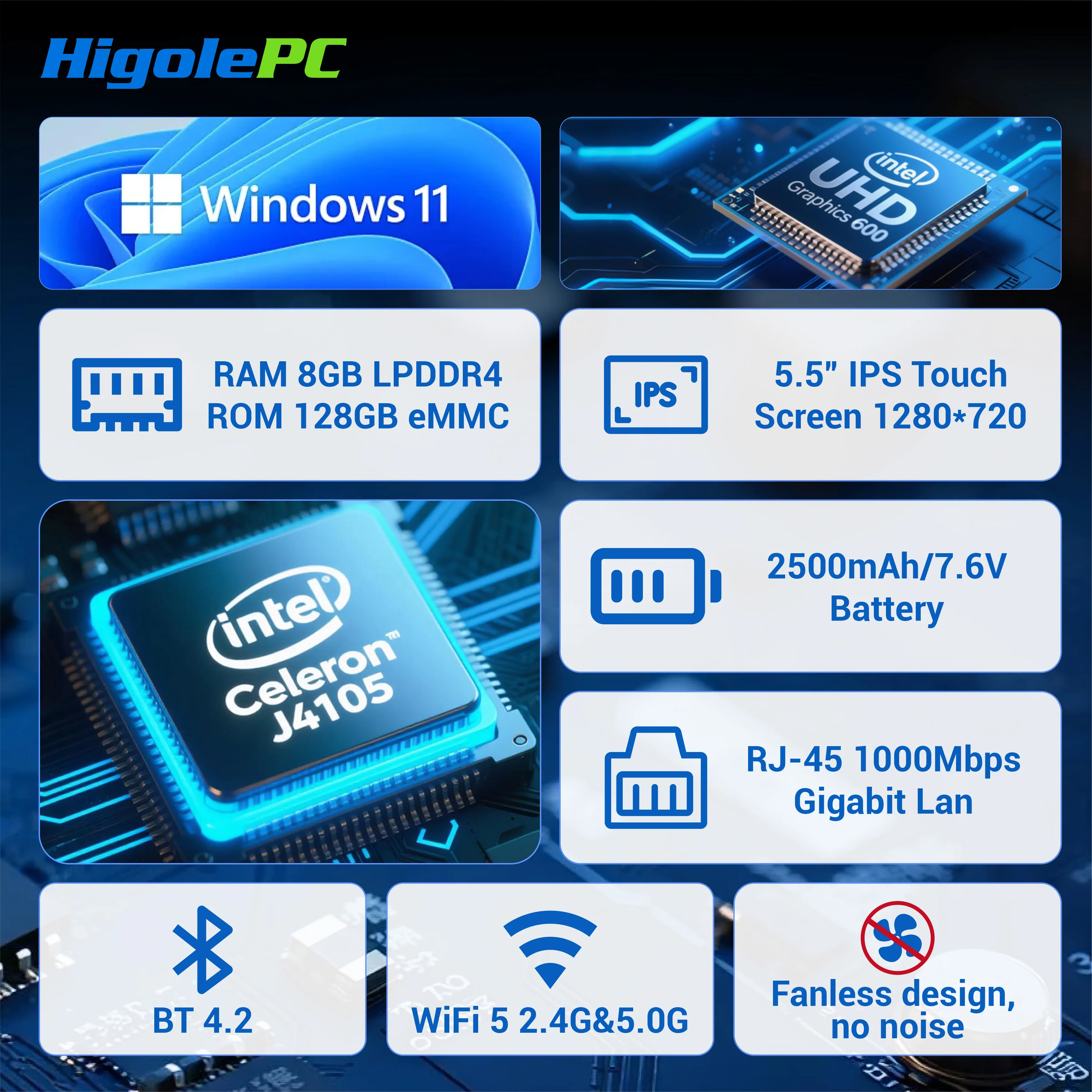 Higole Gole 1 Pro 5.5 '' Fanless Mini PC Intel J4105 Windows 11 WiFi5 8G 128G 2500mAh met Scherm Laptop Desktop PC Mini Computer