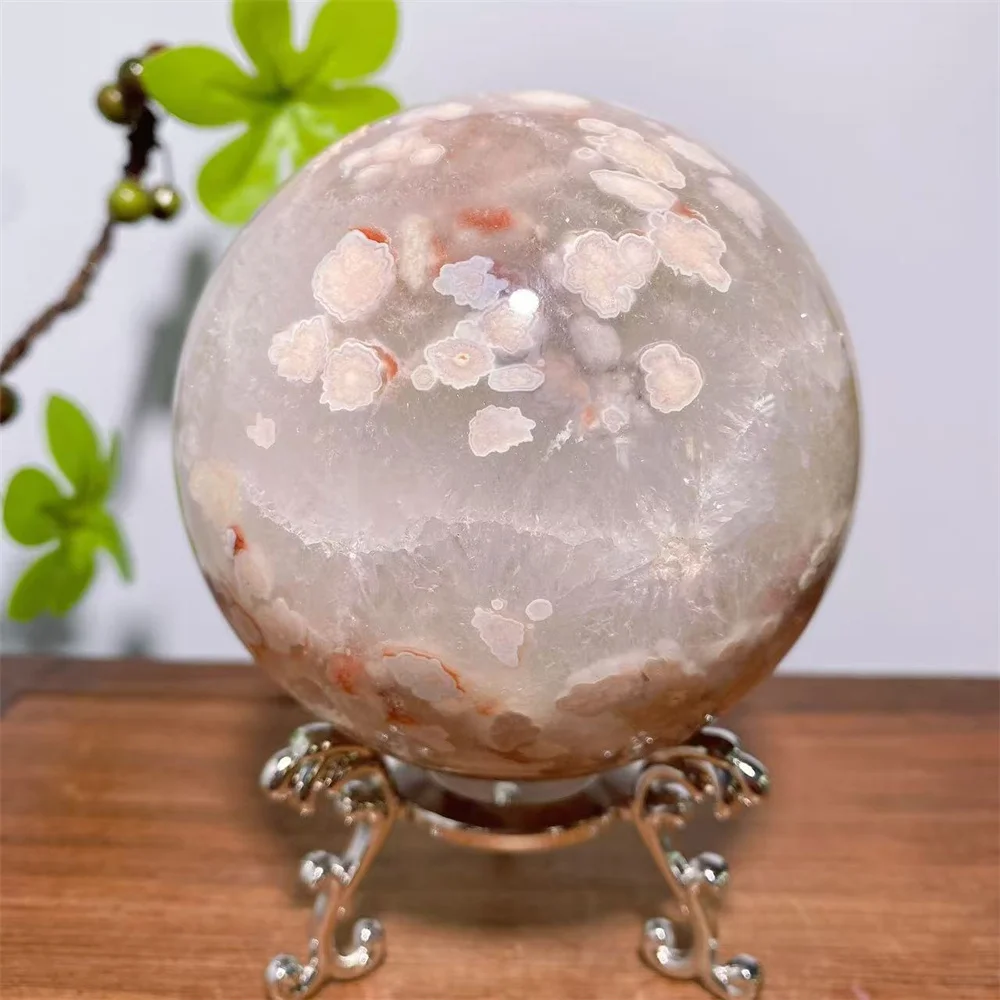 Natural Pink Flower Agate Sphere with Druzy Quartz and Raw Geode Healing Crystals Reiki Energy Crafts Gift+Stand