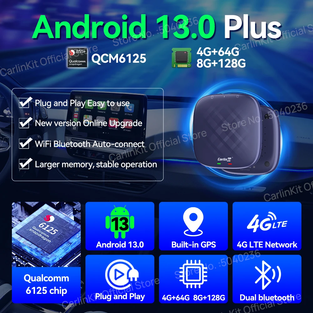 CarlinKit Android 13 TV Box Qualcomm QCM6125 SM6225 Chip Support Wireless Android Auto CarPlay Fast Easy Setup Online Update Box