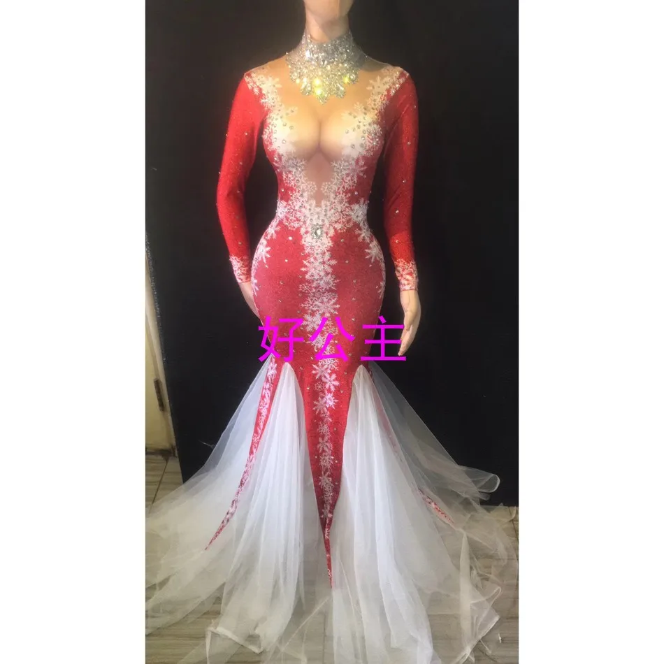 

Christmas New Red False Exposed Meat Long Gauze Skirt Female Song DjDs Nightclub Bar Sexy Fashion Performance Dress