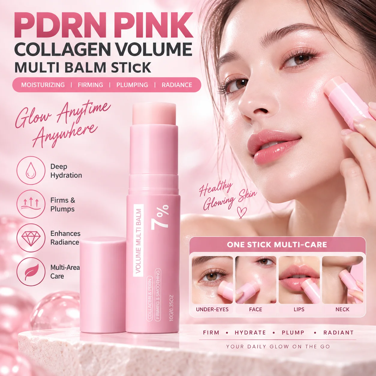 K-Beauty PDRN Pink Collagen Volume Multi Balm Stick Hydrating Moisturizing Firming Plumping Radiance Care for Face Eye Lip Neck