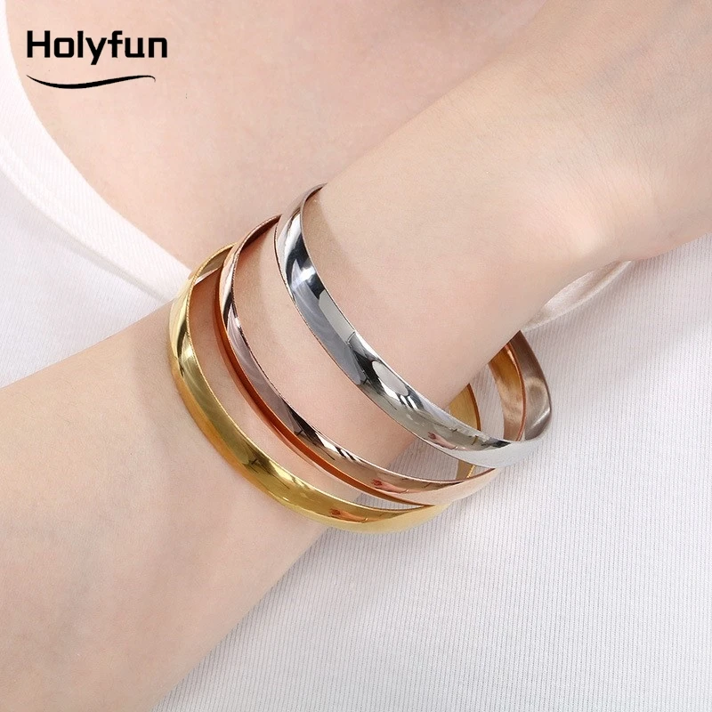 Holyfun Bransoletka ze stali nierdzewnej z czystego złota Pvd Plated Plain Pattern dla kobiet Prosta 3-częściowa bransoletka z możliwością układania w stosy Biżuteria — zdjęcie 6