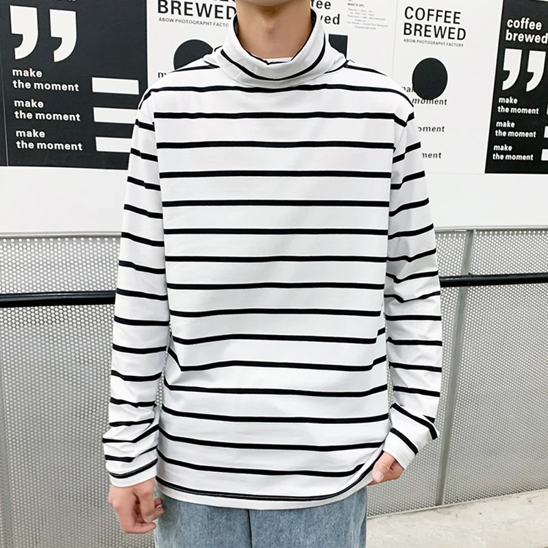 

Turtleneck Long Sleeve Cotton Turtleneck Striped Korean Men T Shirts Fashion Oversized Harajuku Tops Spring Fall Trendy Clothes
