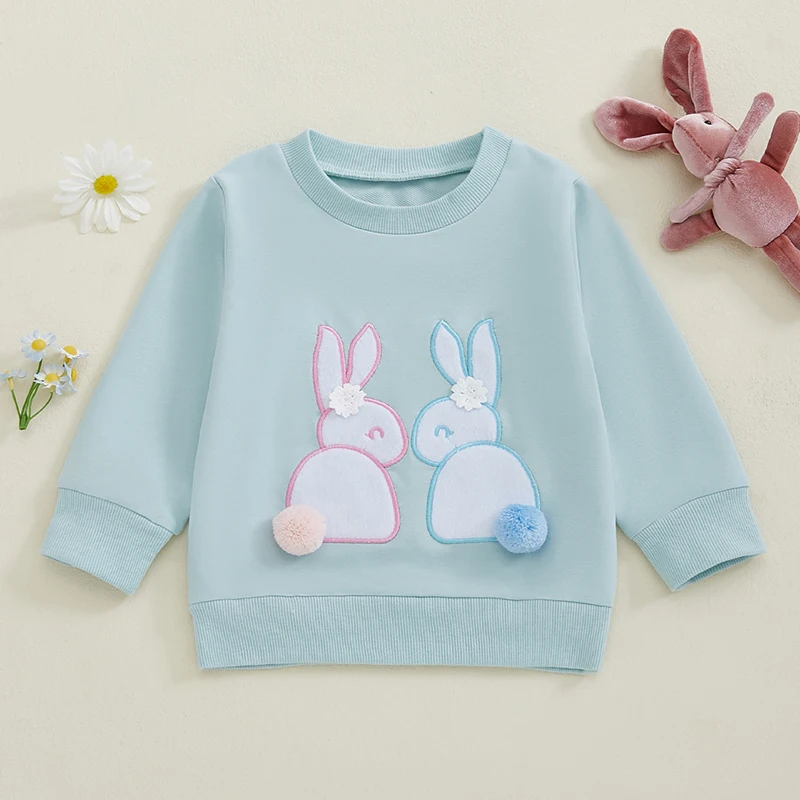 Lioraitiin Toddler Boys Girls Easter Sweatshirt Bunny Embroidery Crew Neck Long Sleeve Pullover Tops Casual Spring Clothes