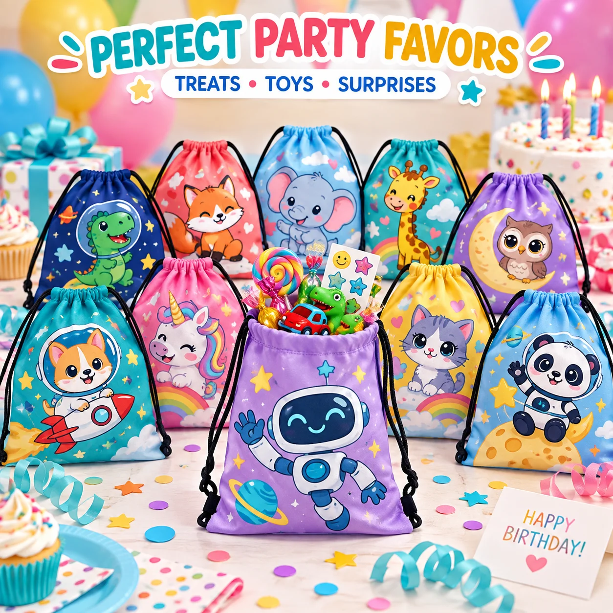 10 Pack Custom Kids Drawstring Bags, Personalized Party Favor Bags, Photo or Name for Birthday Parties, School and Sports Events