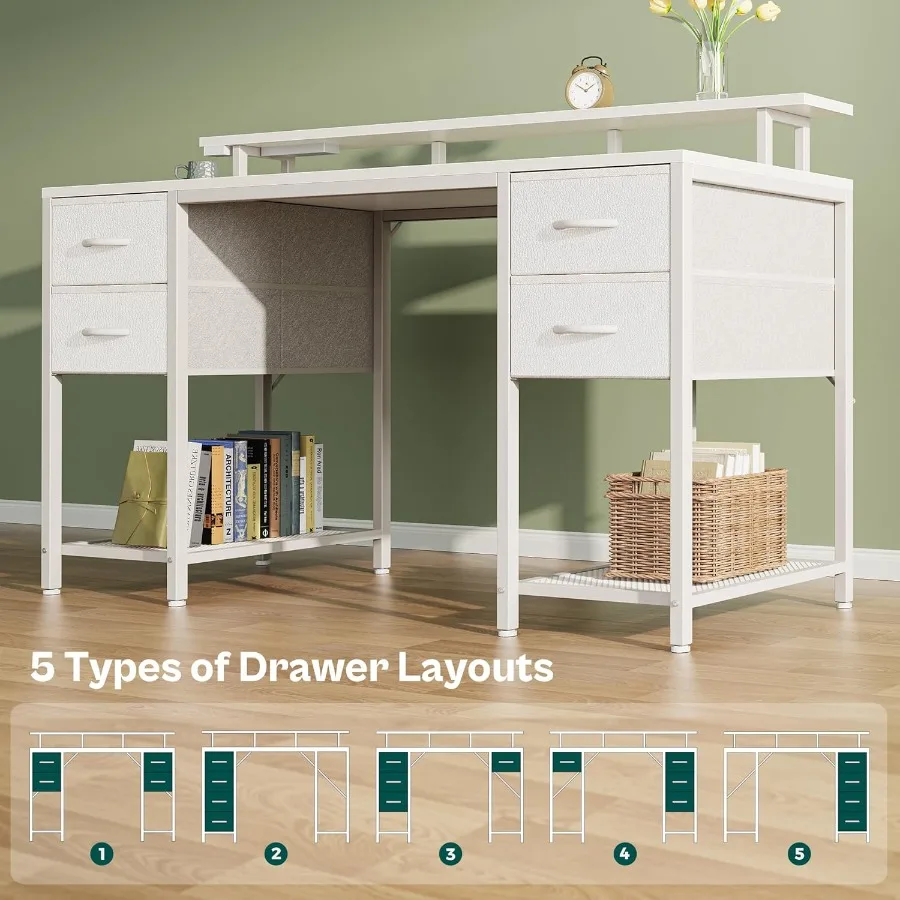 مكتب كمبيوتر 55 بوصة مع 4 أدراج ومنافذ طاقة ومنافذ طاقة ومساحة تخزين كبيرة للعمل في المكتب المنزلي من غرفة النوم المنزلية Mo #6