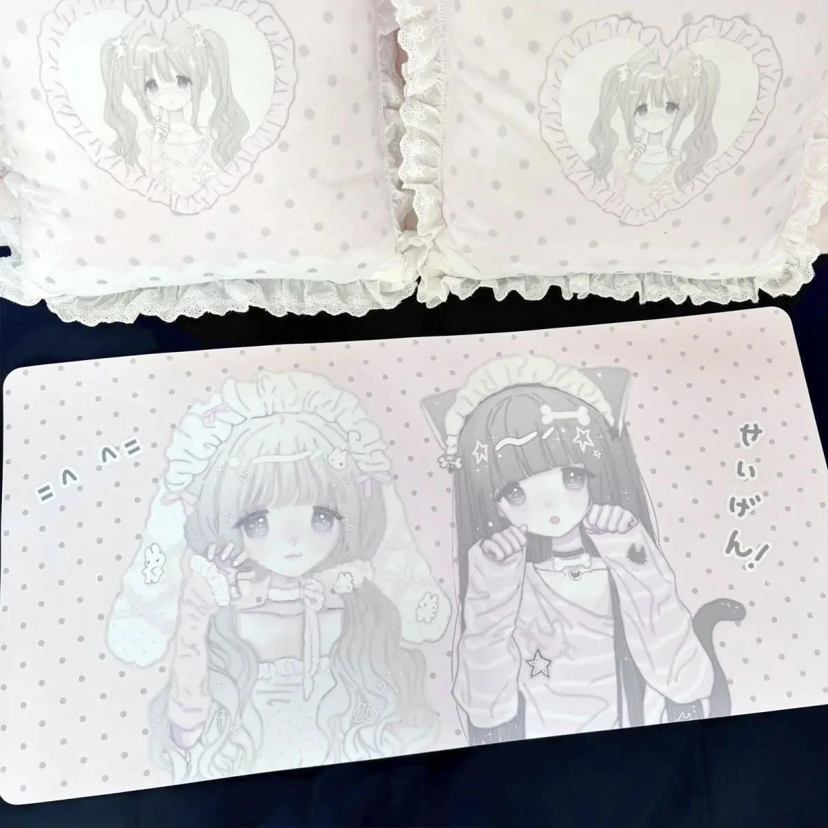 Leather Desk Pad Protector Polka Dot Japan Anime Pink Girl Y2K Mouse Pad Office Desk Mat Waterproof Non-Slip PU Desk Blotter Pad