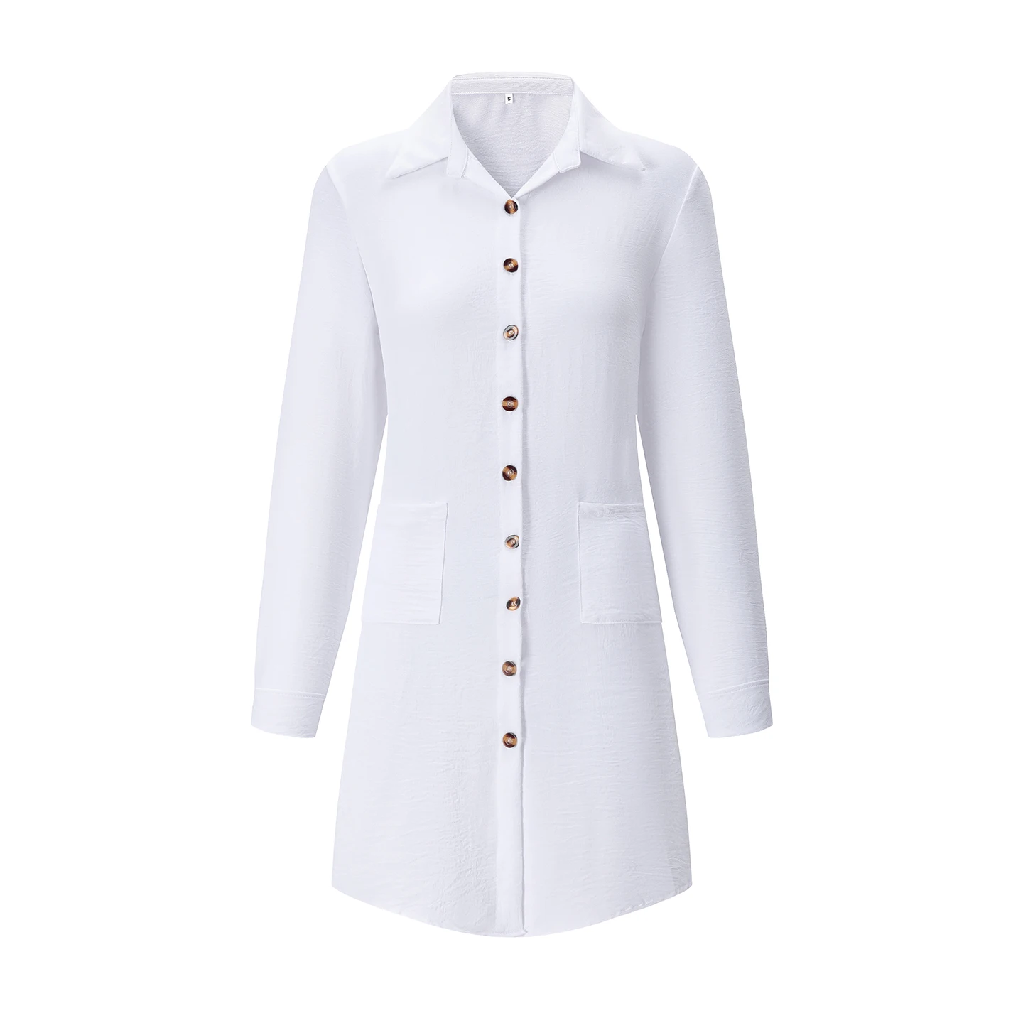 Frühling Sommer Damen Hemdkleid mit Umlegekragen, Locker Geschnittenes Übergroßes Midi-Kleid mit Knopfleiste und Seitentaschen, Lässiges Strandkleid – Detail 12