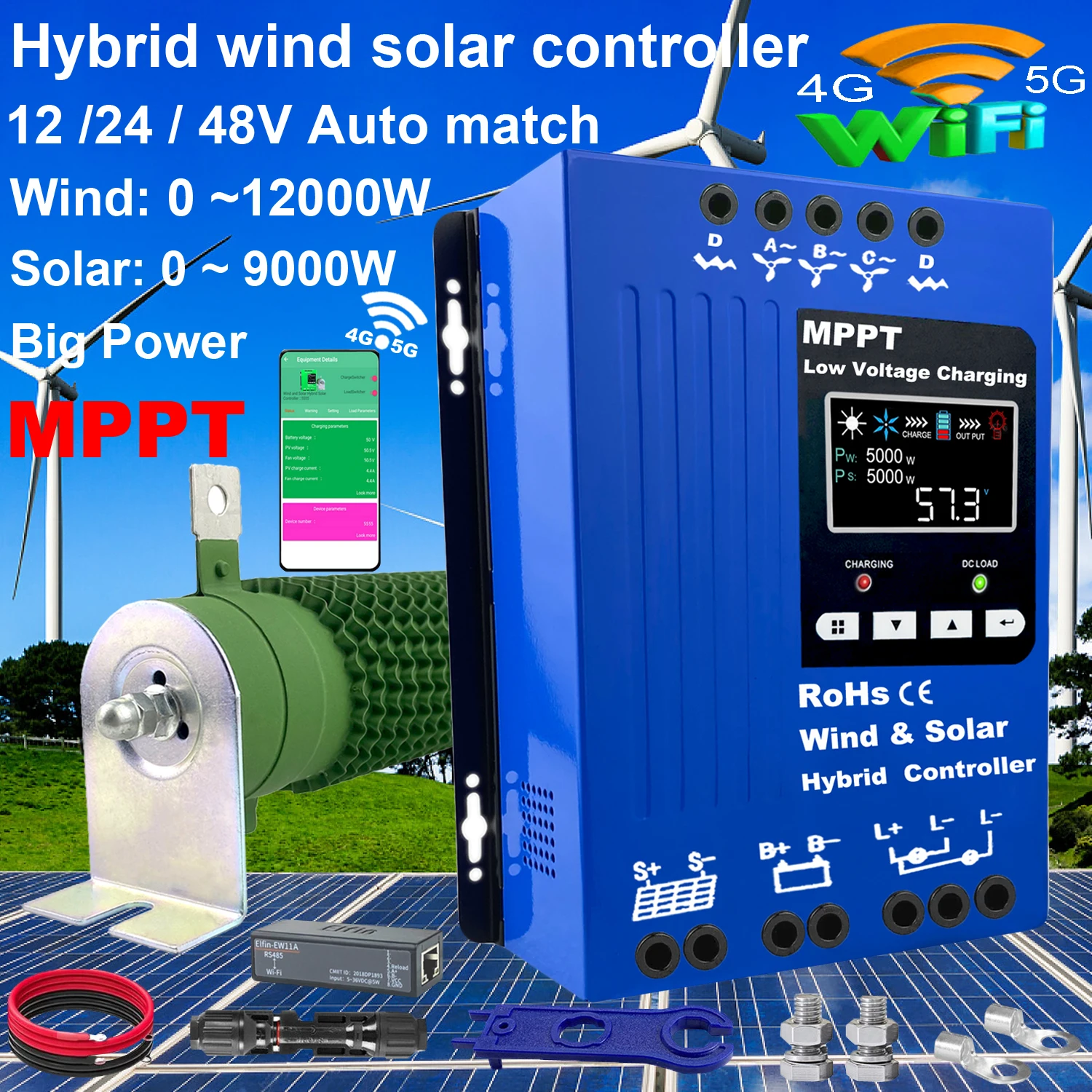 

12V 24V 48V 4000W 5000W 6KW Wind Solar Hybrid Controller 80A 120A 150A Solar Panel Wind Turbine MPPT Battery Charging Regulator