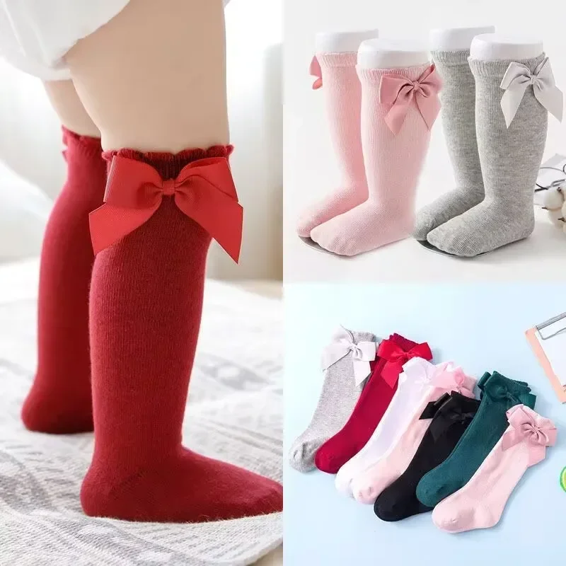 Baby Mädchen Socken Herbst Kleinkind Große Schleife Kniehohe Lange Weiche Nette Kinder Weihnachtsgeschenk Baumwolle Rot Neugeborenen Socken Für 0-5 jahre