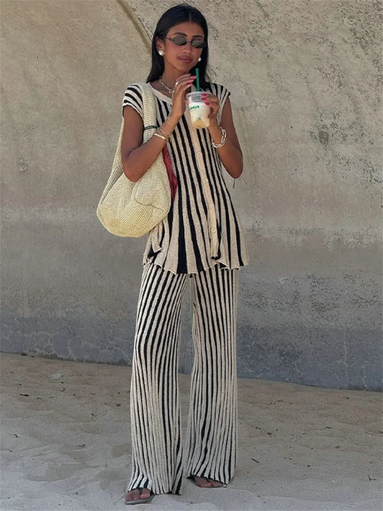 Elegant Knitted Striped Top Pants Suit Women O Neck Sleeveless Single Breasted Tops Lady Slim Fit Outfits 2025 High Street Wear