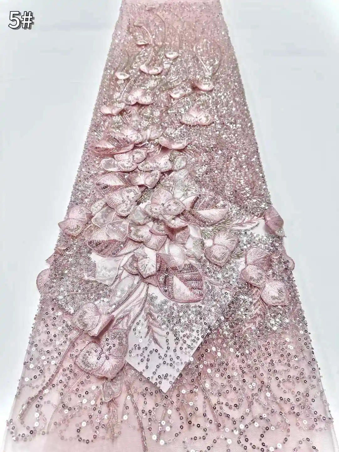 

2025 Fashion French Mesh 3D Flowers Embroidery Pink Beaded Lace Fabric Sequins African Nigerian Fabric For Wedding Dress Women