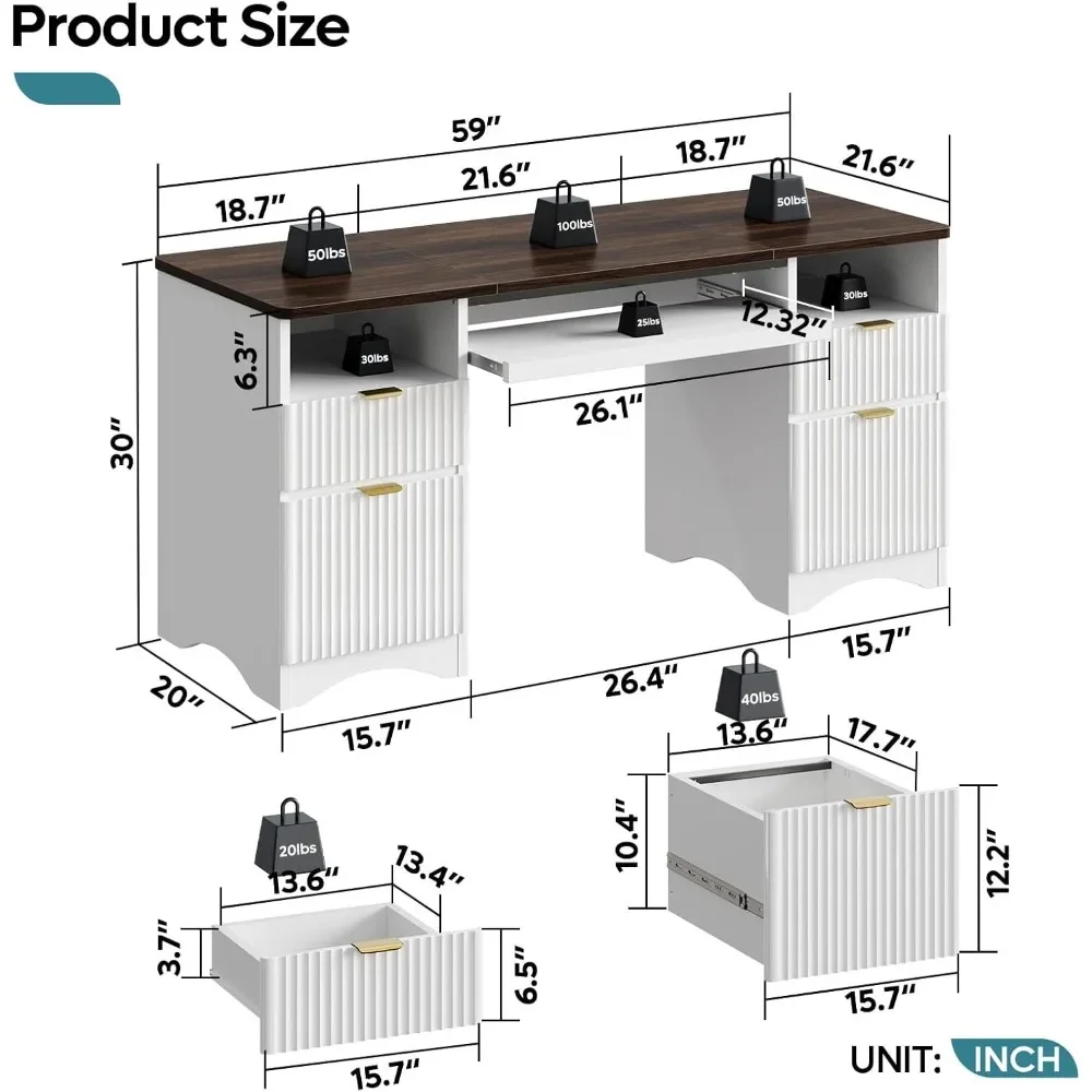 Escritorio para computadora con bandeja para teclado, escritorio de oficina de 59 pulgadas con 4 cajones, escritorio moderno para oficina en casa con cajón para archivos