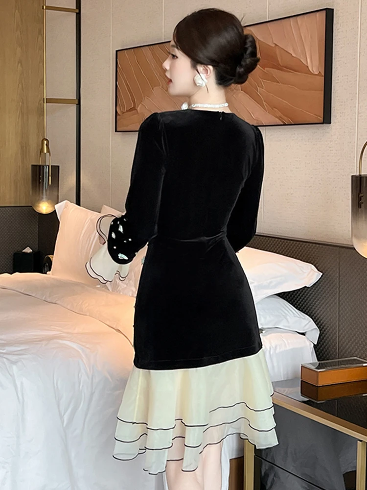 Elegant Birthday Cocktail Party Cake Dress Women\'s Clothing French Lovely Sequins Flower Diamond Robe Catwalk Vestidos Fiesta