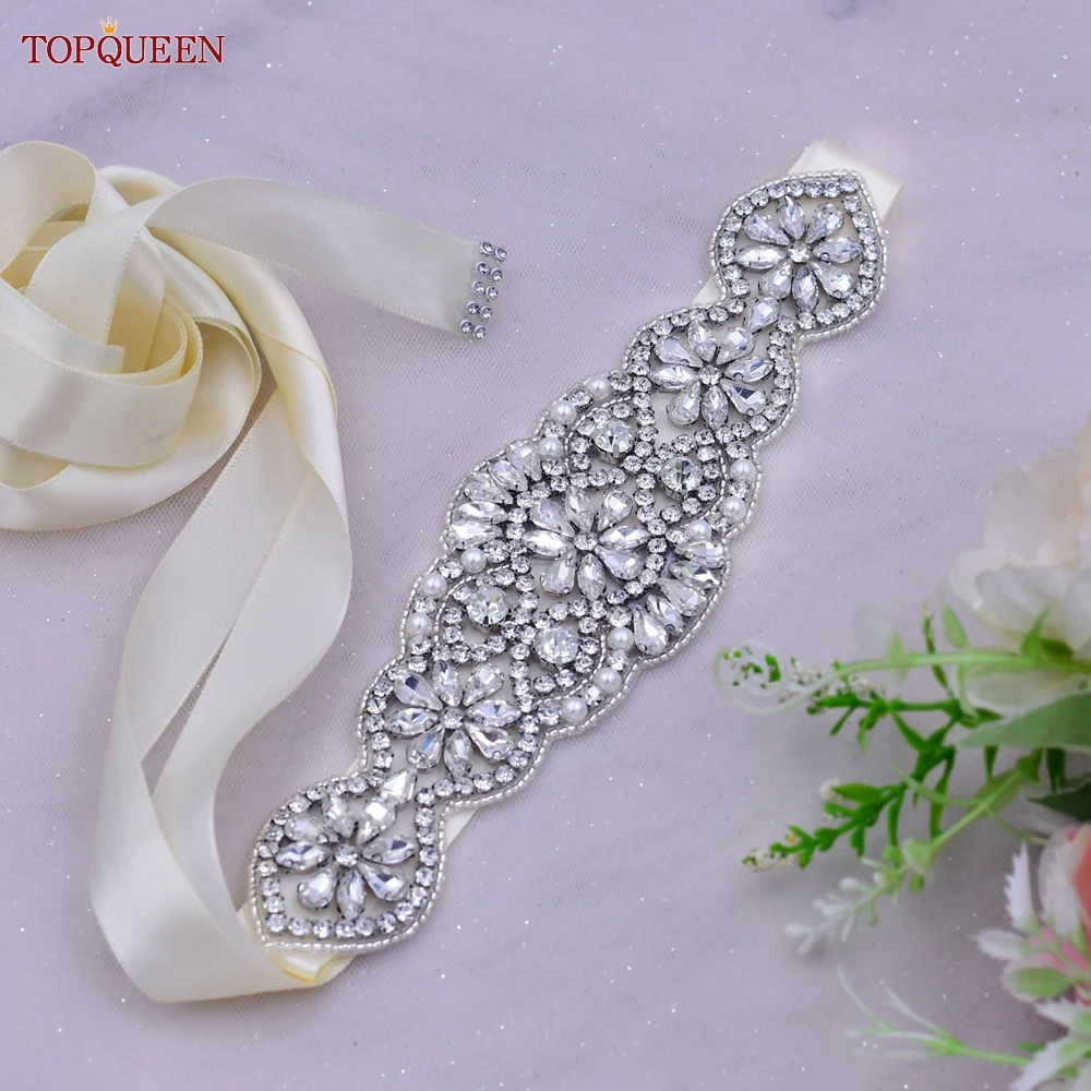 TOPQUEEN S94 Wedding Gown Belt Silver Rhinestone Appliques for Bridesmaid Bridal Bride Evening Dress Women Luxury Crystal Sash