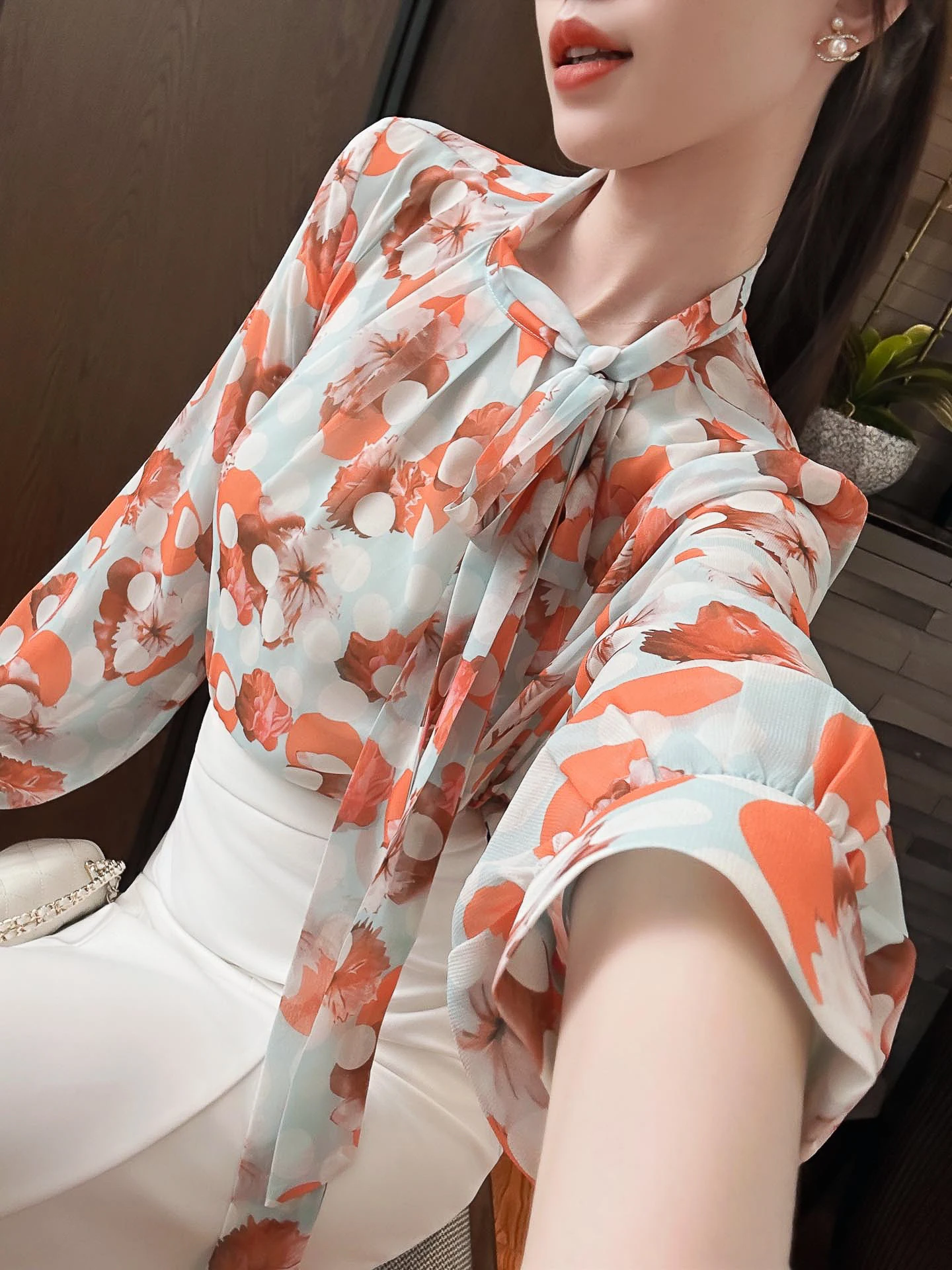 

Женская летняя дышащая блузка свободного кроя с длинным рукавом, оранжевым цветочным принтом, премиум-качества