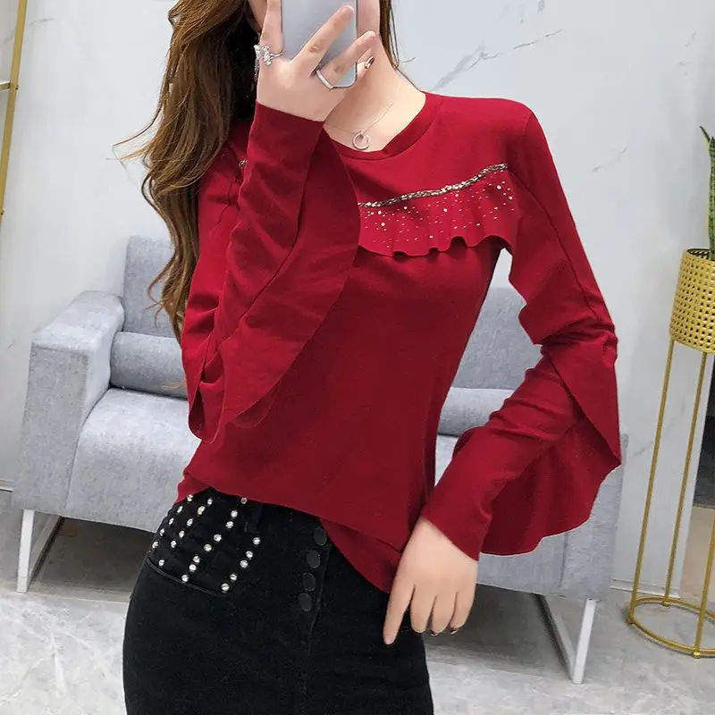 Spring Autumn New Fashion Round Neck Long Sleeve Solid T-Shirts T-Shirts Ruffles Diamonds Pullovers Simplicity Patchwork Tops