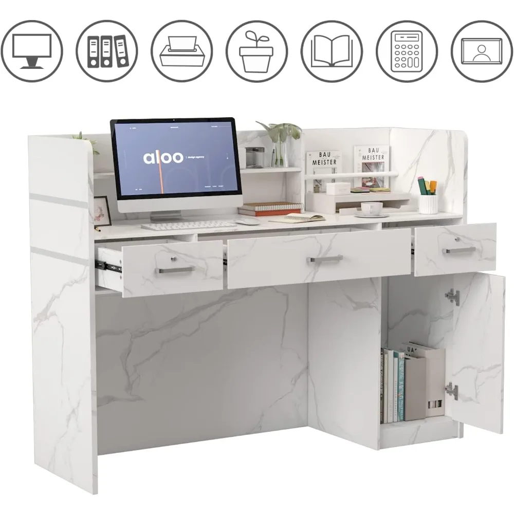 Reception Desk Reception Stations with Open Shelf & Drawers, Wooden Counter Desk with Lockable Drawer for Office Reception Room