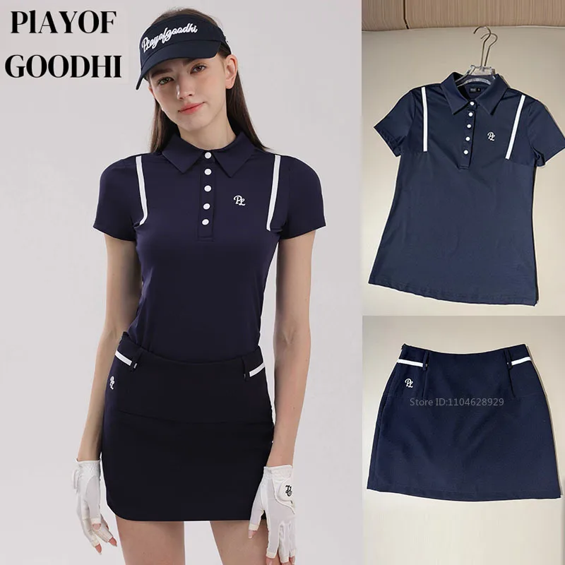 pl-夏の女性半袖ゴルフシャツ通気性スリムポロ-tシャツ女性ハイウエストペンシルスカートゴルフキュロット-ol-服