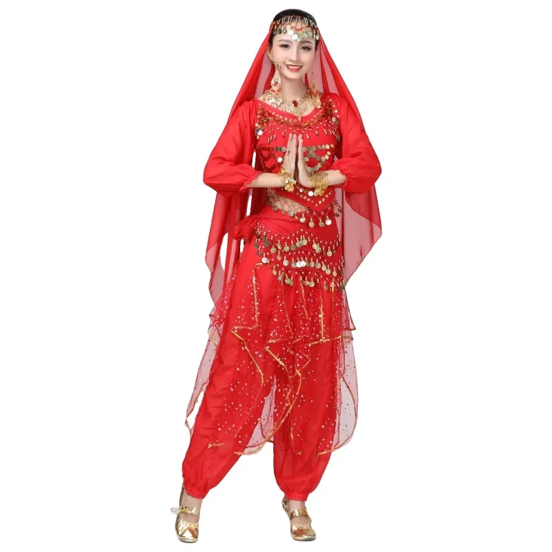 Arabische prinses kostuumset, dames top met lovertjes + broek kostuumset, dames oosterse Indiase dans volwassen glanzende buikdansset