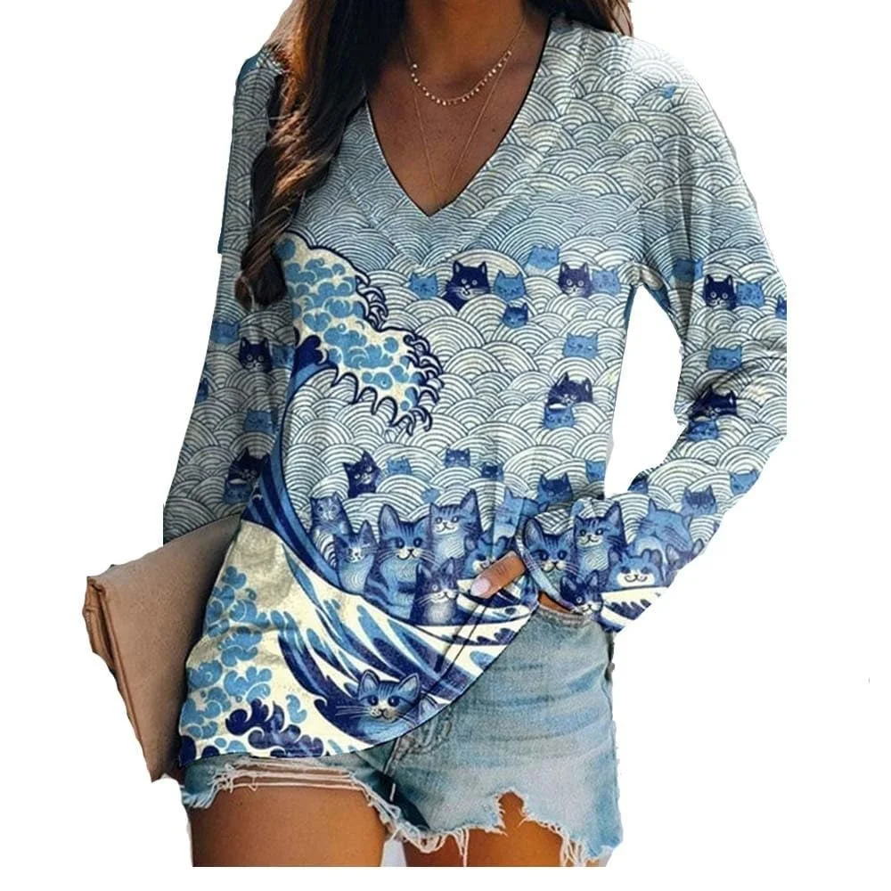 2025 New Women's Europe and America Hot Selling Gradient Pattern V-Neck Long Sleeve T-Shirt 3D Digital Printing