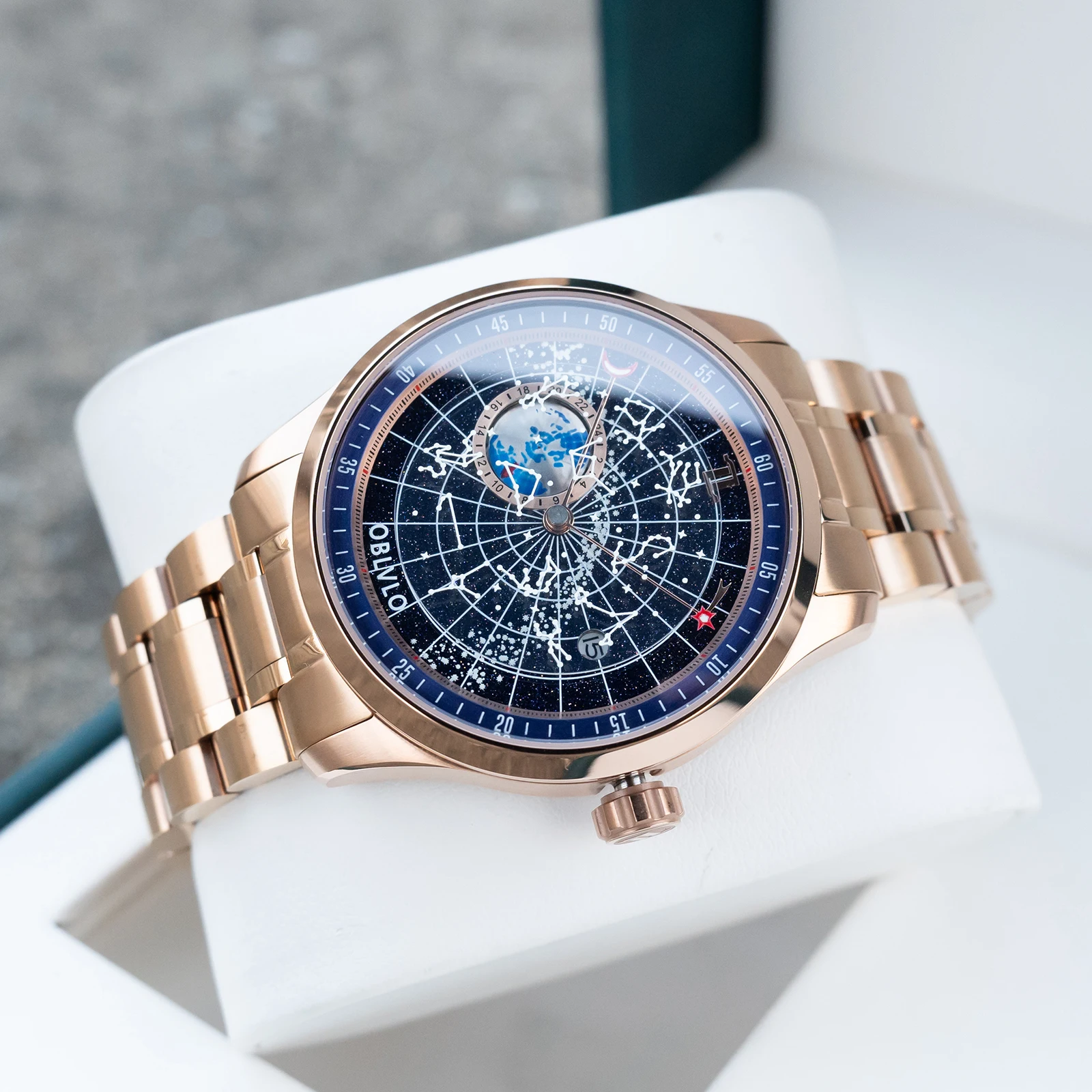 OBLVLO Mens Luxury Rose Gold Constellation Mechanical Watch Luminous Blue Dial Earth Star Bracelet Band Automatic Clock GC