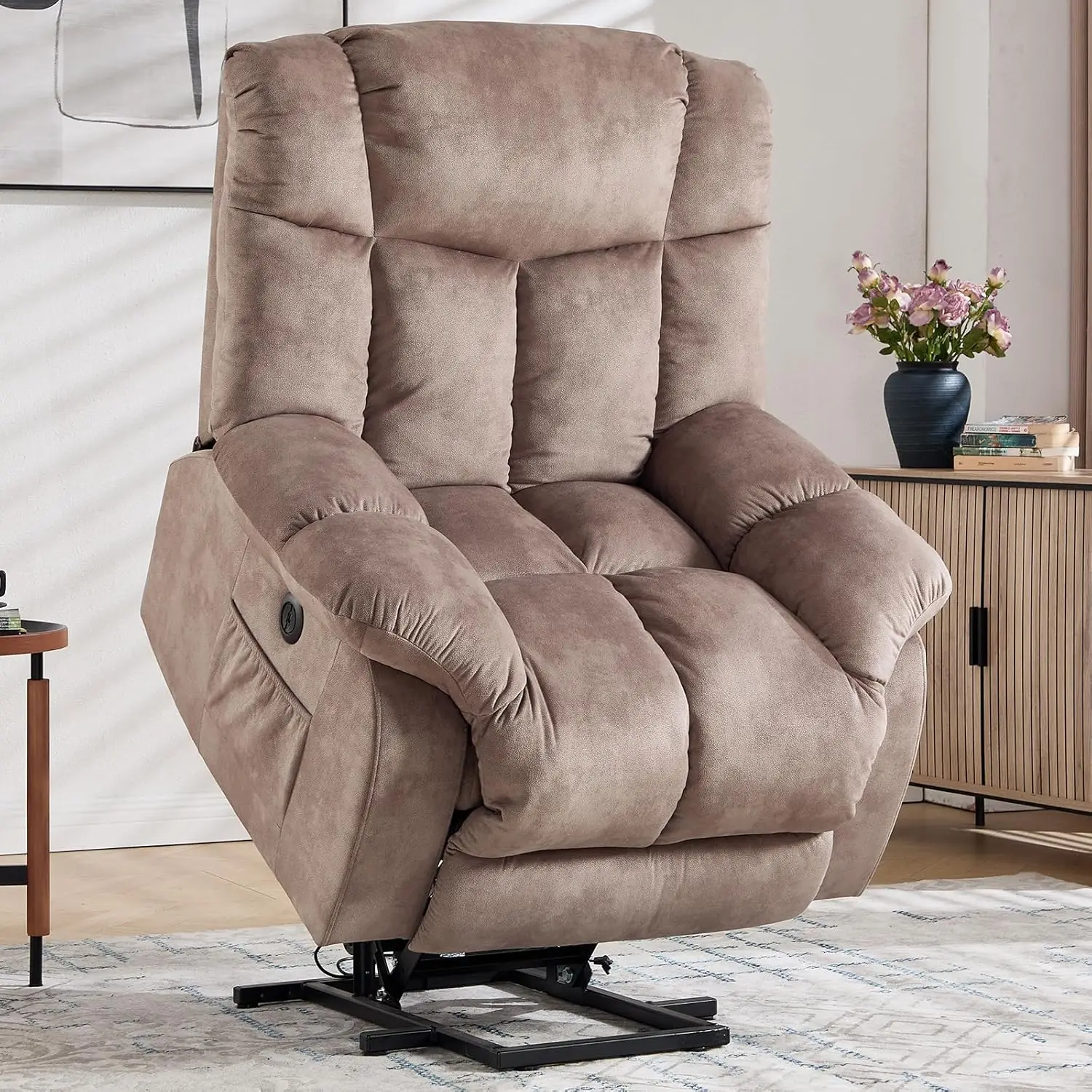 #Heavy Duty Power Lift Recliner, Antiskid Fabric Overstuffed Sofa for Living Room, Light Tan, Customized