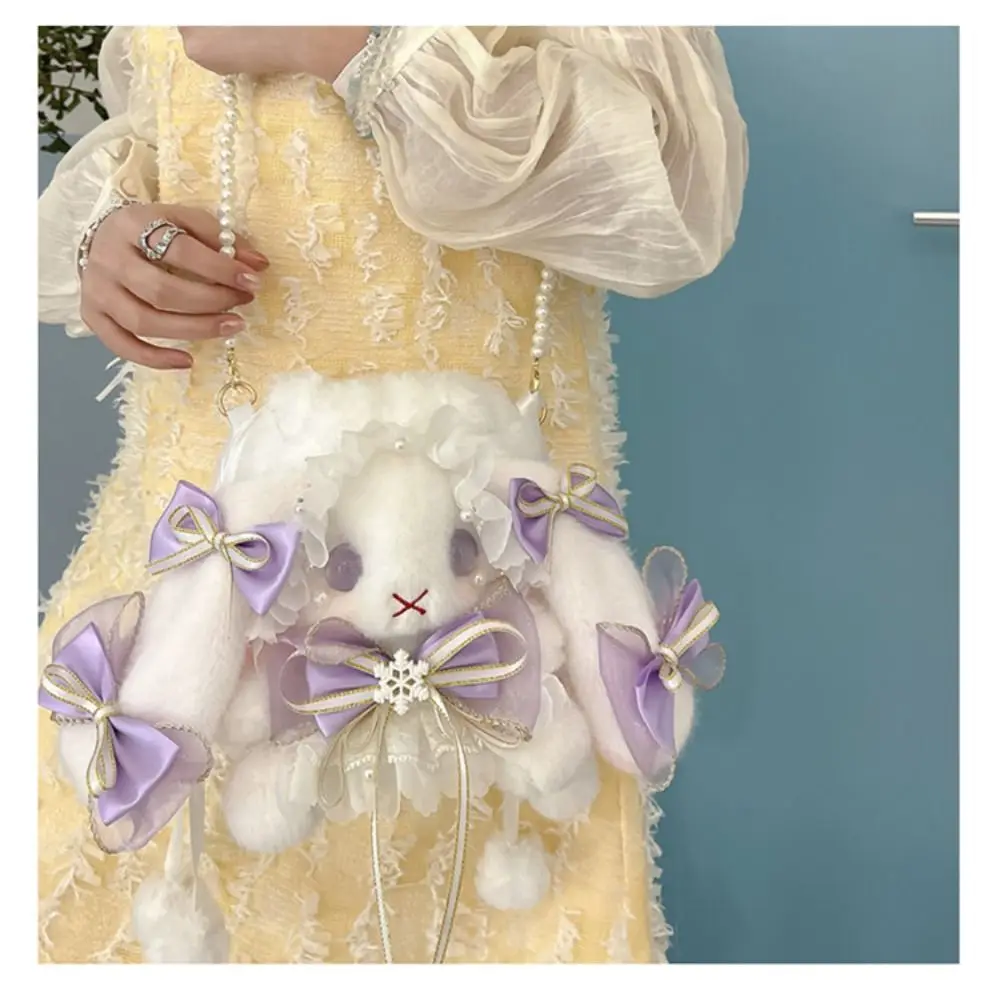 

Новая плюшевая сумка с кроликом, сумки через плечо в стиле Лолиты, каваи, жемчужная цепочка, кошелек с длинными ушками кролика