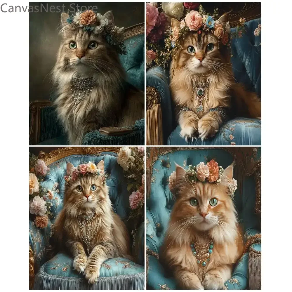 Vintage Noble Longhair Cat Canvas Wall Art Set, Flower Crown Kitten Portrait Luxury Sofa Pet Painting Print for Teen Bedroom