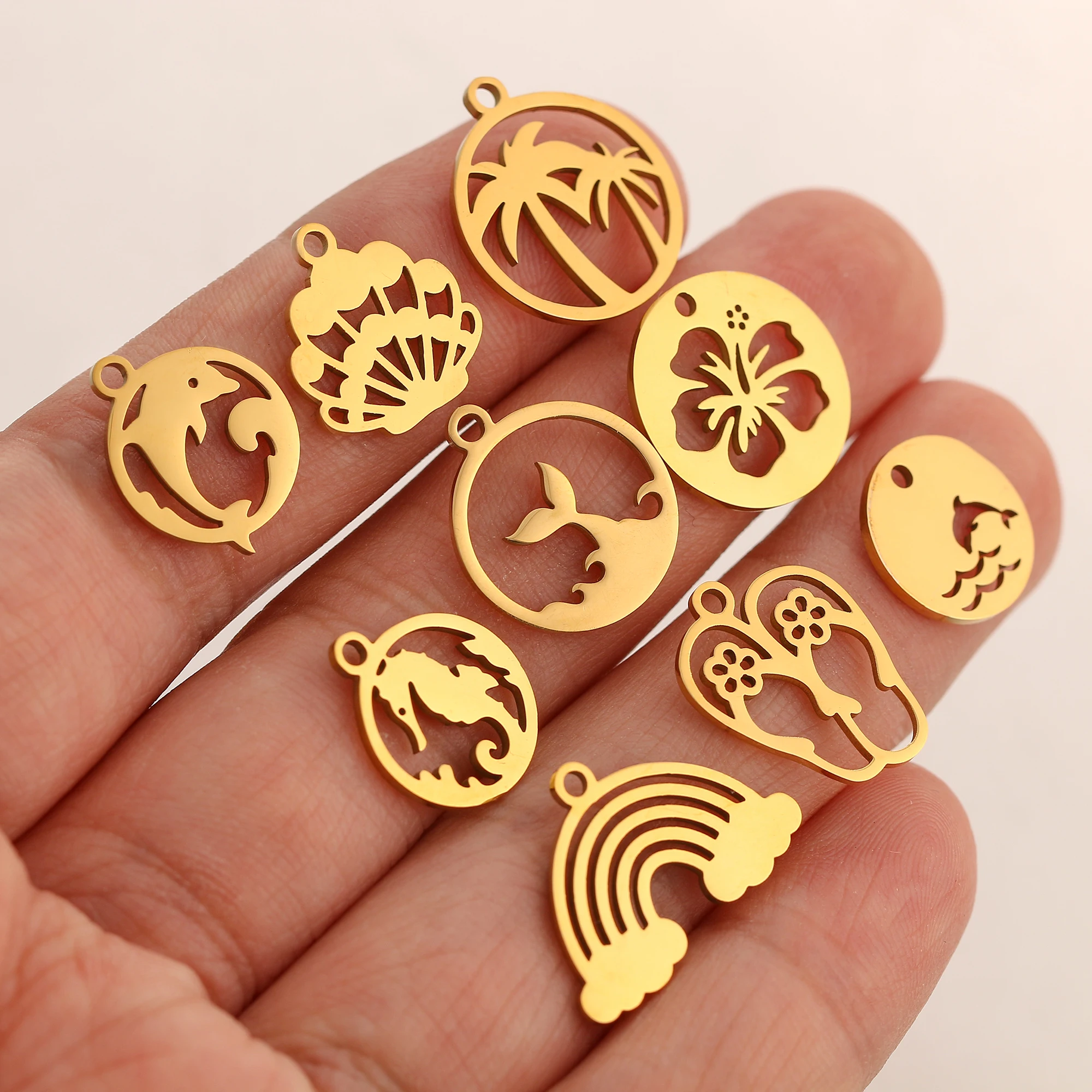 5Pcs/Lot Stainless Steel Sea Animal Charm Tropical Coconut Tree/Rainbow/Dolphin/Shell Charms Pendant for Jewelry Findings Making