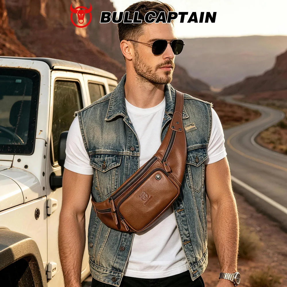 BULLCAPTAIN Genuine Leather Waist Bag Casual Fanny Pack Men Multifunction Outdoor Chest Bag Phone Pouch Travel Crossbody Bages