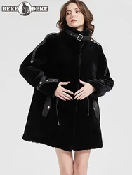 Winter Dames Luxe Echt Bont Winter Stand Kraag Middellange Mode Schapenvacht Shearling Jas Warm Echt Leer Wollen Jas