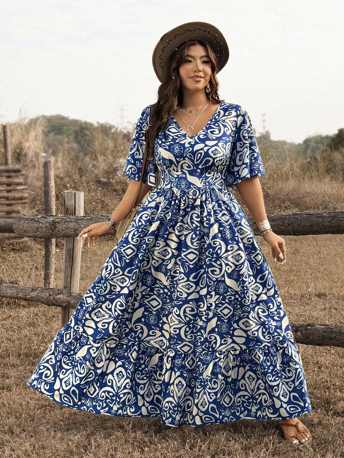 

Boho Blue Print Maxi Dress V Neck Shirred Waist Half Puff Sleeve Flounce Hem