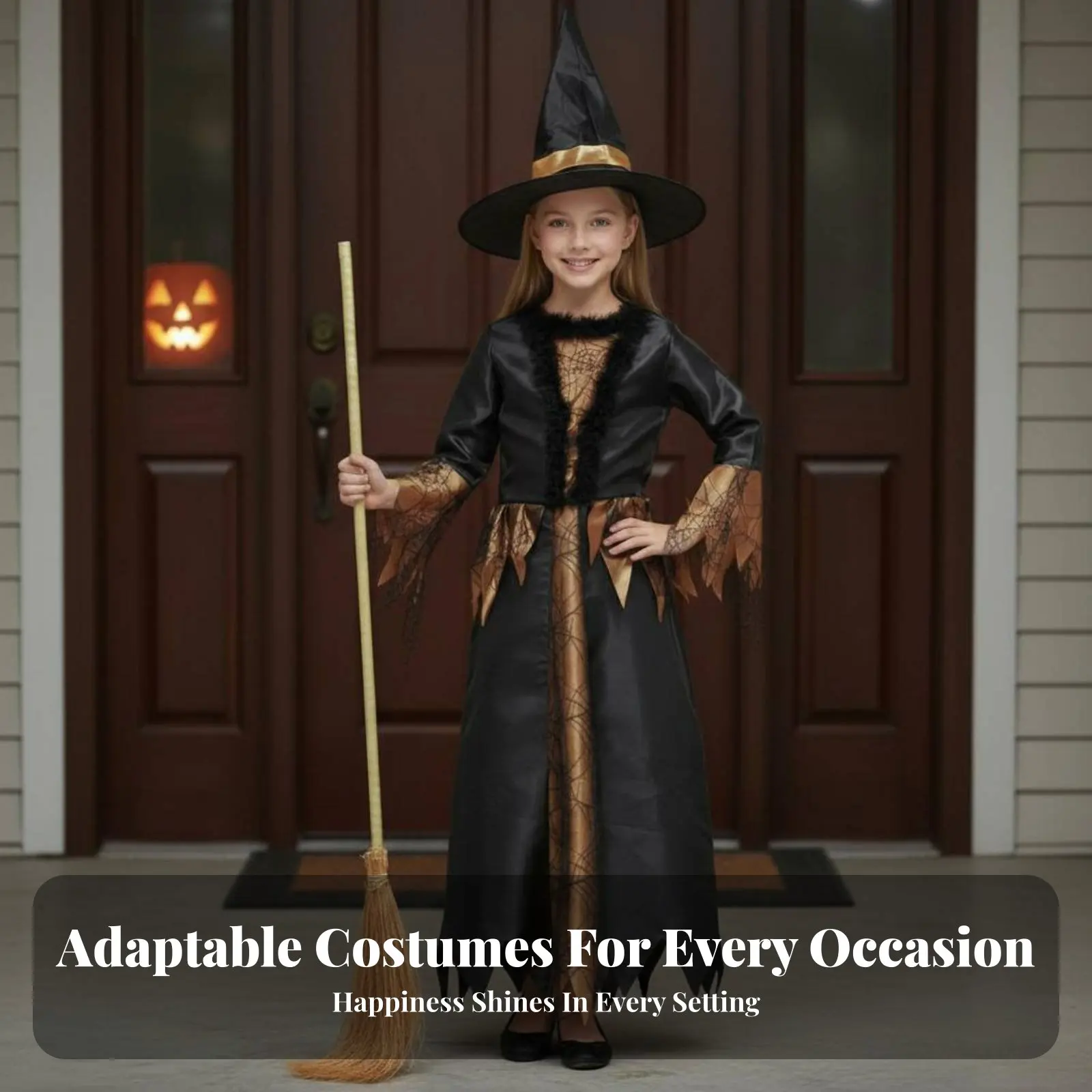 

Детский костюм ведьмы с аксессуарами: платье ведьмы с шляпой, пышными рукавами, удобная посадка, идеально подходит для школьных представлений.