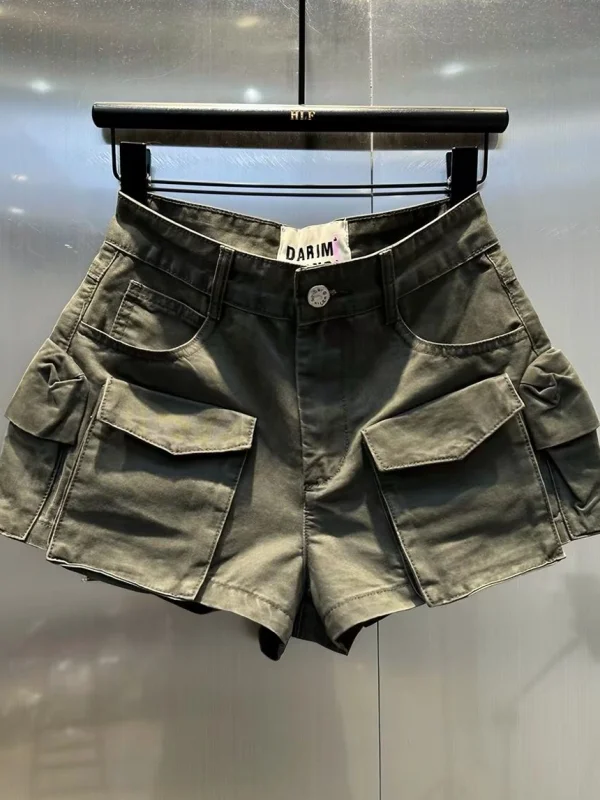 

American High Waist Multi Pocket Retro Workwear Denim Shorts Women Loose Slim Wide Leg Hot Pants Spring Summer New Style