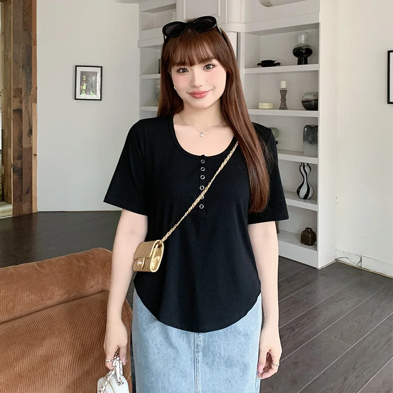 Plus size, short sleeved-shirt women's knitted shirt top 200 pounds mm large women's clothing 3385