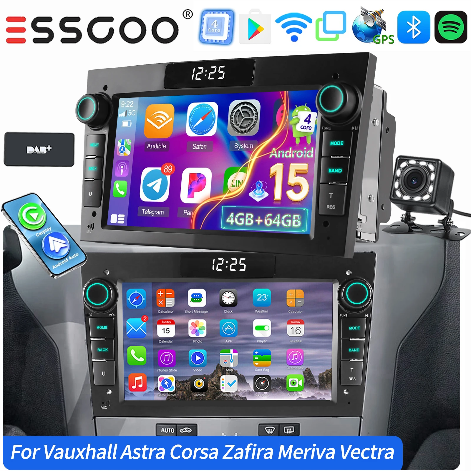 ESSGOO Voor Opel Astra H Corsa C D Vectra C Zafira B Signum Combo 7 "Android 15 GPS NAVI autoradio Carplay Android Auto BT wifi
