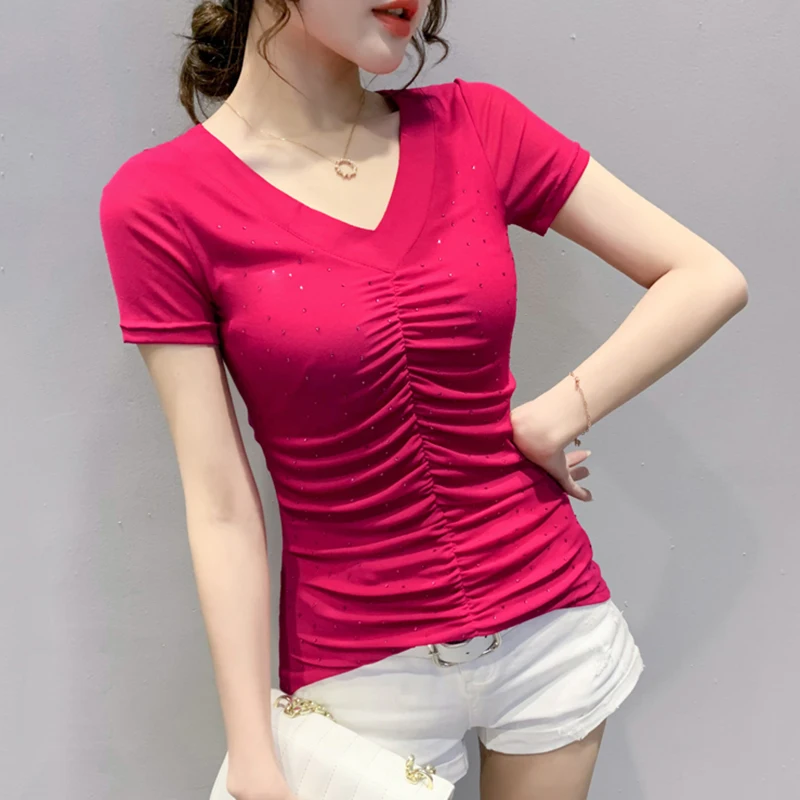 Sexy V-Neck T-Shirt Women's Short Sleeve Mesh Back Splice Bareback Top Korean Style Commute Hollow out Lace Patchwork Slim Fit